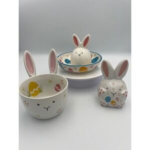 Temptations Ceramic Easter Bunny Serving Set Bowl Dish Spreader Figurine White